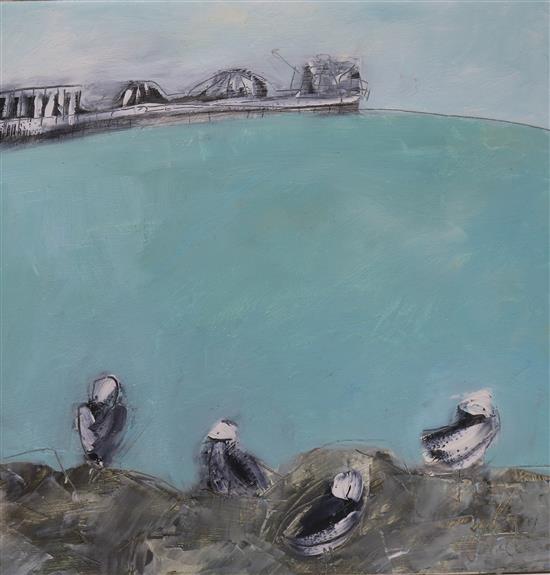 Kathryn Matthews, oil on board, Seagulls and pier, inscribed verso 25 x 25cm